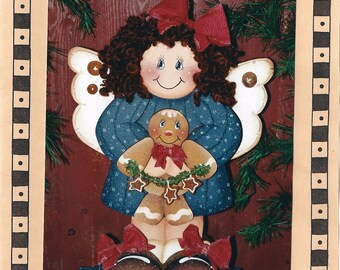 80s 90s Uncut Vtg PATTERN Standing Ornament Gingerbread Man & Angel Wall Hanging Pattern 13" x 10" Sign Country Angel Pattern Craft Pattern