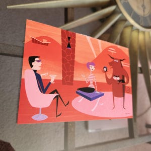 Carte postale Josh Agle, c'est certain (2002) impression d'art mural Art mural penché 4 x 5,75 po SHAG Illustration couleur moderne Mid-Century Cocktails atomiques