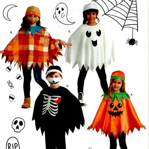 May include: Simplicity Halloween costume pattern featuring four children's costumes: a scarecrow, a ghost, a skeleton, and a pumpkin. The costumes are in various colors, including orange, white, and black. The pattern includes the text "Simplicity" and "R11163".