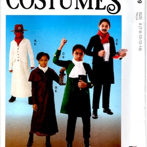 May include: A sewing pattern for three children's costumes. The pattern includes a white coat with a red scarf, a brown coat with a white collar, and a green coat with a white collar and a lantern. The pattern is for sizes 7-8, 10-12, and 14. The pattern is from McCall's Costumes.