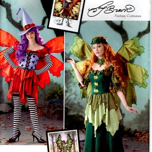 May include: Simplicity sewing pattern number 1550 R5 for two fantasy costumes. The pattern includes instructions for a witch costume with a red dress, black and white striped stockings, and a purple wig, and a fairy costume with a green dress and brown wig. The pattern is designed by  "The Brown" and is for sizes US 14-22, Euro 40-48, and French 42-50.