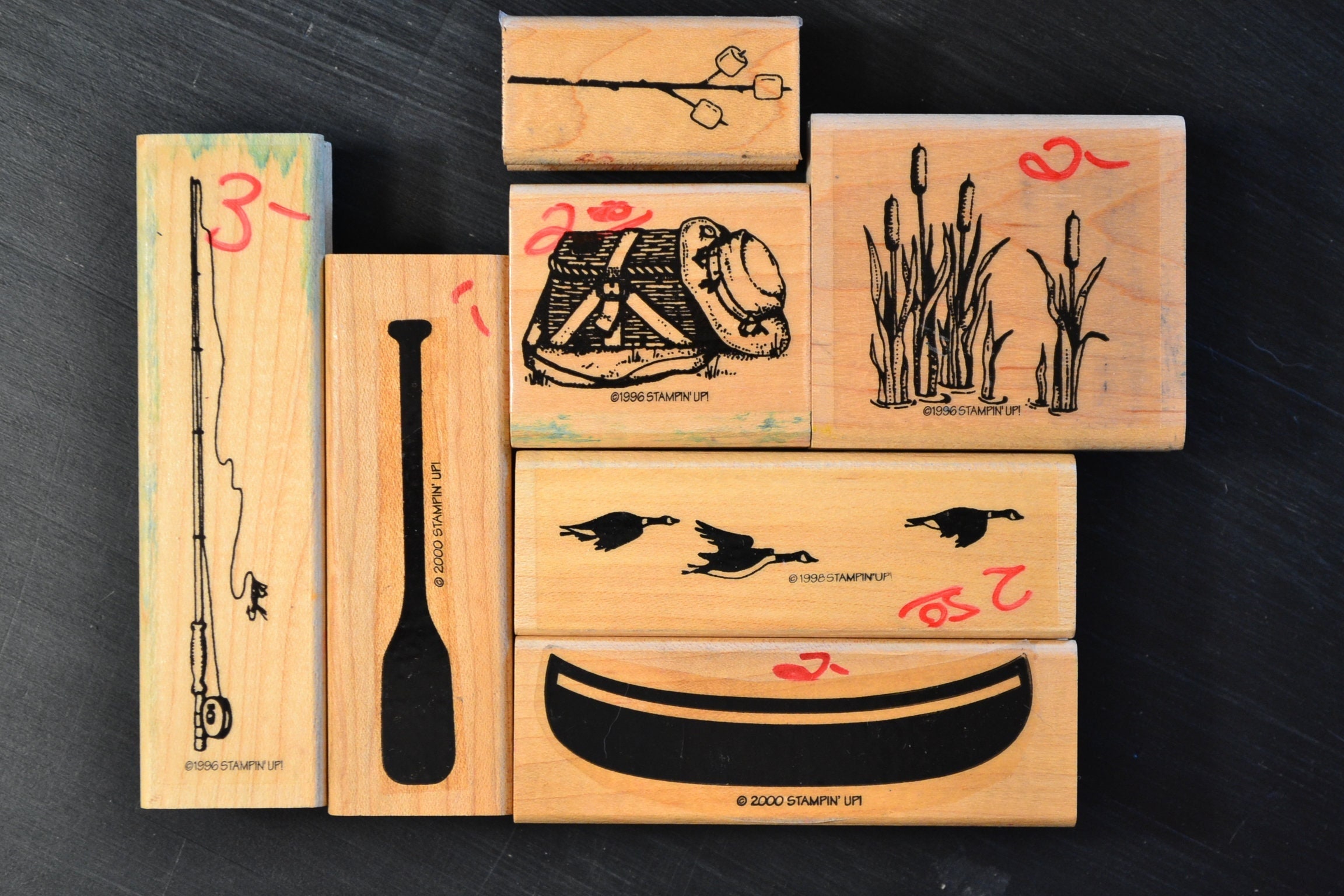 Lot of 7 Camping Themed Stamps Stampin' Up Roughin It Destash Variety Canoe Paddle  Fishing Pole Marshmallows Mounted Rubber Wooden Stamps 