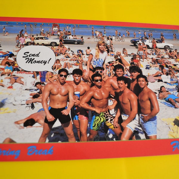 80s Beefcake Postcard Spring Break Party Gay Interest Beach Scene Group Shot Amateur Photography College Frat Fraternity Florida Tourism