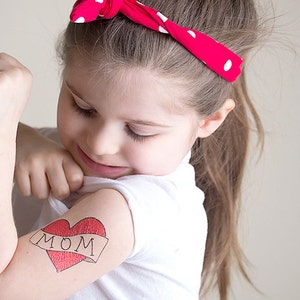 mothers day gift for mom, temporary tattoo for girls, mom heart tattoo, gift for her, kids fake tattoo, red heart mum tattoo for children image 1