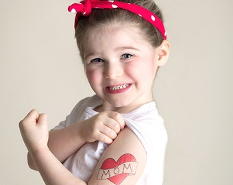 mom tattoo for kids, mothers day gift for her, red heart temporary tattoo, photography supply children photoshoot prop, mom heart tattoo