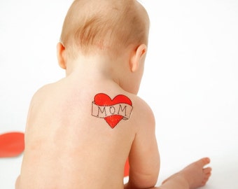 baby's first mother's day gift, mom heart temporary tattoo for kids, childrens fake red heart tattoo, photoshoot prop, gift for her