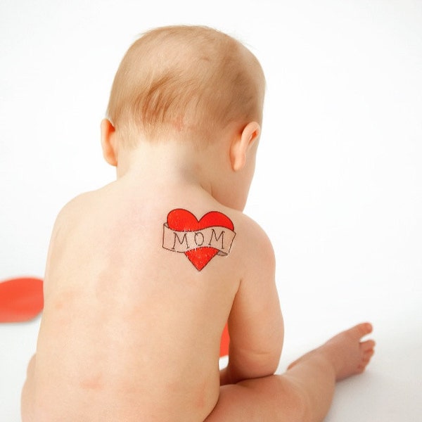 baby's first mother's day gift, mom heart temporary tattoo for kids, childrens fake red heart tattoo, photoshoot prop, gift for her