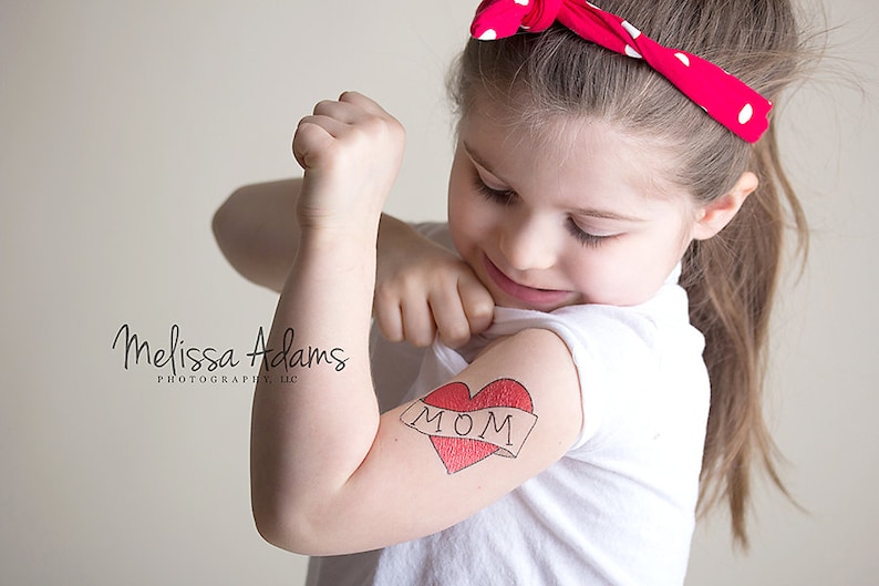 mothers day gift for mom, temporary tattoo for girls, mom heart tattoo, gift for her, kids fake tattoo, red heart mum tattoo for children image 1