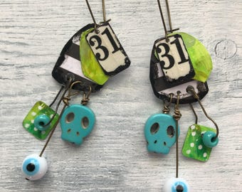Handmade Halloween Earrings: Black and Green, Eyeballs and Skulls