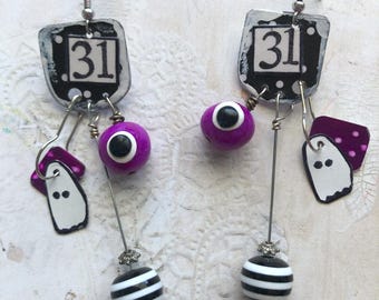Handmade Halloween Earrings: Purple and Black, Ghosts and Eyeballs