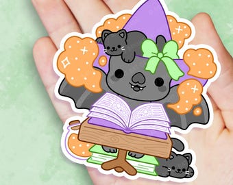 Spell Book Witch Bright Bat with Cats - Cute Kawaii Vinyl Sticker | Laptop Sticker |  Water bottle Sticker | Waterproof Sticker Decal | Gift