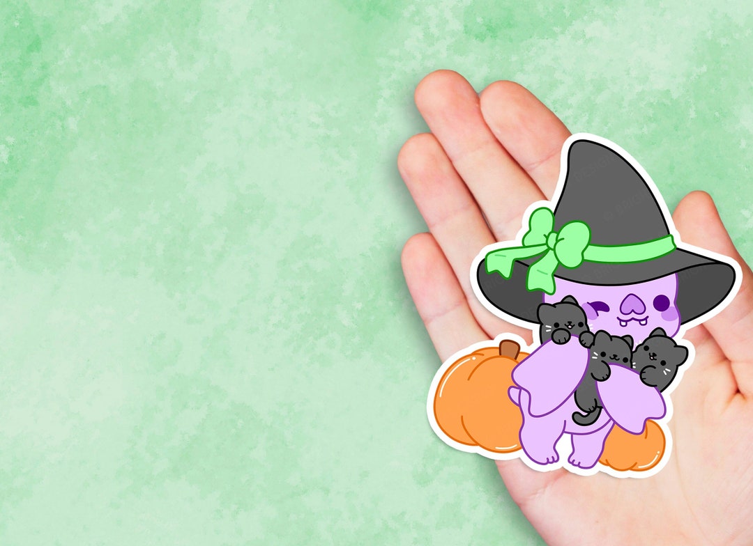 Black Cat Witch Bright Bat - Cute Kawaii Halloween Vinyl Sticker ...