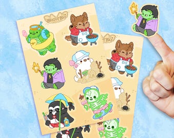 Summerween Monster Nuggets Sticker Sheets - Pastel 2 Pack |  Kawaii Cute Stickers Kiss-cut Journal Planner Spooky Ghost Stickers