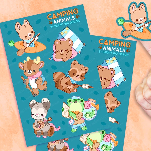 Camping Animals Sticker Sheets - 2 Pack |  Kawaii Cute Stickers Kiss-cut Journal Planner Adventure Hiking Forest Animal Stickers