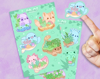 Terrarium Animals Sticker Sheets - 2 Pack |  Kawaii Cute Plant Stickers Kiss-cut Journal Planner Stickers | Gift