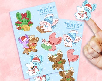 Winter Bats Sticker Sheets - 2 Pack |  Kawaii Cute Stickers Kiss-cut Journal Planner Stickers | Spooky Christmas Holiday