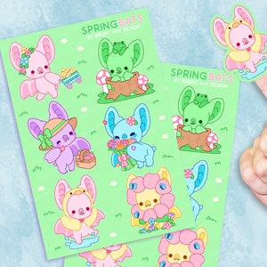 Spring Bright Bat Sticker Sheets - 2 Pack |  Kawaii Cute Stickers Kiss-cut Journal Planner Spooky Cottagecore Rainbow Stickers