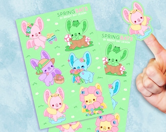 Spring Bright Bat Sticker Sheets - 2 Pack |  Kawaii Cute Stickers Kiss-cut Journal Planner Spooky Cottagecore Rainbow Stickers