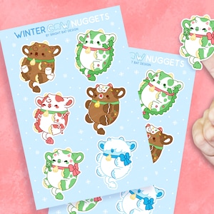 Winter Cow Nuggets Sticker Sheets - 2 Pack |  Kawaii Cute Stickers Kiss-cut Journal Planner Holiday Christmas Cow Stickers