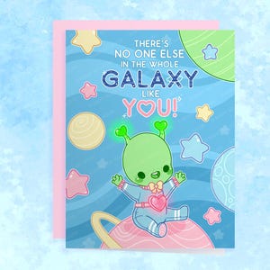 Carte de Saint-Valentin extraterrestre - Espace OVNI Kawaii mignon | Carte de Saint-Valentin | de voeux | Cadeau Saint-Valentin