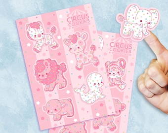 Circus Cookies Sticker Sheets - 2 Pack |  Kawaii Cute Stickers Kiss-cut Journal Planner Stickers  |  Pink Animal Frosted Crackers