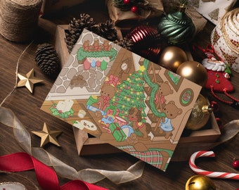 May include: A Christmas card featuring a cartoon illustration of a family of bears decorating a Christmas tree. The card is decorated with a red and green plaid pattern and has a white border.