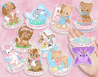 Self Care Plushie Pals  (Series 1) Full Sticker Set |  Kawaii Cute Vinyl Diecut Waterbottle Laptop Stickers