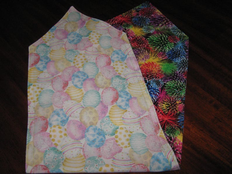 Reversible table runner EASTER & 4TH of JULY 100% cotton 3040 long pretty pastel eggs with bright fireworks-perfect for Rv or small space image 1