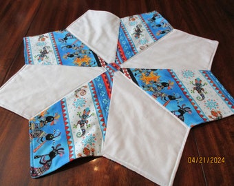 Reversible SOUTHWEST Kokopelli & faux CROSS STITCH star shaped table topper 26" diameter turquoise and white