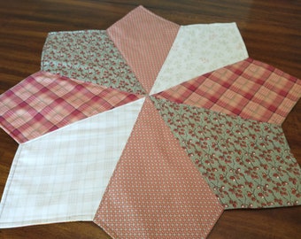 Beautiful reversible quilted table topper-star shape 26" diameter-assorted Fall prints in rust, green, beige + more