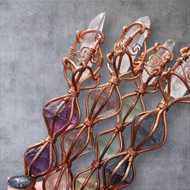 Fluorite Crystal Copper Wand Spiritual Growth Intuition Healing Tool Third Eye Meditation Practitioner Gift image 2