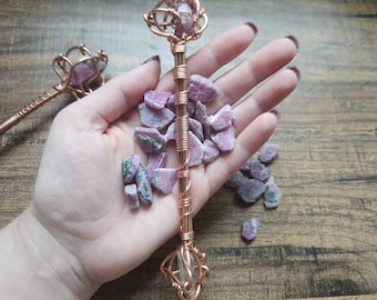 Crystal Wand Raw Ruby Pocket Wand Heart Chakra Root Chakra Copper Wand of Confidence and Passion