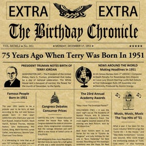 75th Birthday Gifts, Personalized, Headline News Print, Time Capsule, Newsletter Style, 1951 Birthday Gift, Chronicle, Born in 1951, Party