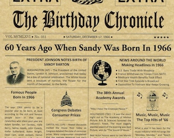 60th Birthday Gifts, Personalized, Headline News Print, Time Capsule, Newsletter Style, 1966 Birthday Gift, Chronicle, 60th Milestone Gifts