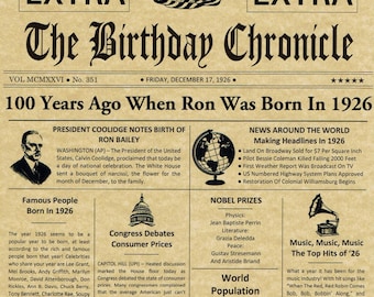 100th Birthday Gifts, Personalized, Headline News Print, Time Capsule, Newsletter Style, 1926 Birthday Gift, Chronicle, 100th Milestone Gift