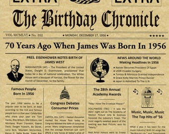 70th Birthday Gifts, Personalized, Headline News Print, Time Capsule, Newsletter Style, 1956 Birthday Gift, Chronicle, 70th Milestone Gifts