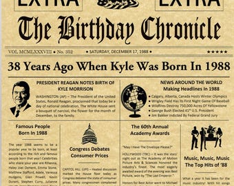 Personalized 38th Birthday Gift, Newspaper Style 8.5" X 11" Print, Born in 1988