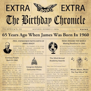 65th Birthday Gifts, Personalized, Headline News Print, Time Capsule, Newspaper Style, 1960 Birthday Gift, Chronicle, 65th Birthday Gift