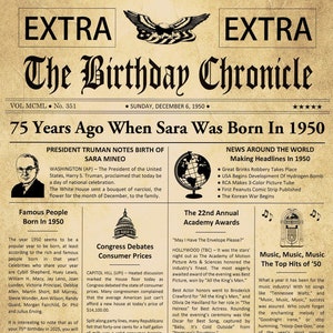 75th Birthday Gifts, Personalized, Headline News Print, Time Capsule, Newsletter Style, 1950 Birthday Gift, Chronicle, Born in 1950, Party