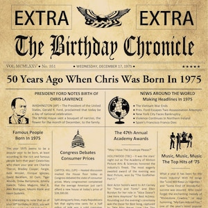 50th Birthday Gifts, Personalized, Headline News Print, Time Capsule, Newsletter Style, 1975 Birthday Gift, Chronicle, 50th Milestone Gifts