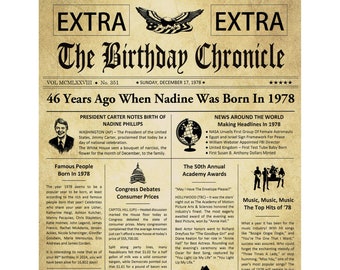46th Birthday Gifts, Personalized, Headline News Print, Time Capsule, Newsletter Style, 1978 Birthday Gift, Chronicle, 46 Year Birthday Gift
