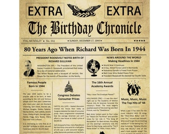 80th Birthday Gifts, Personalized, Headline News Print, Time Capsule, Newsletter Style, 1944 Birthday Gift, Chronicle, 80th Milestone Gifts