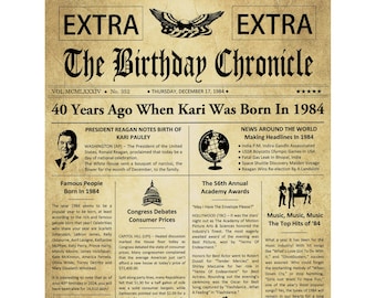 40th Birthday Gifts, Personalized, Headline News Print, Time Capsule, Newsletter Style, 1984 Birthday Gift, Chronicle, 40th Milestone Gifts