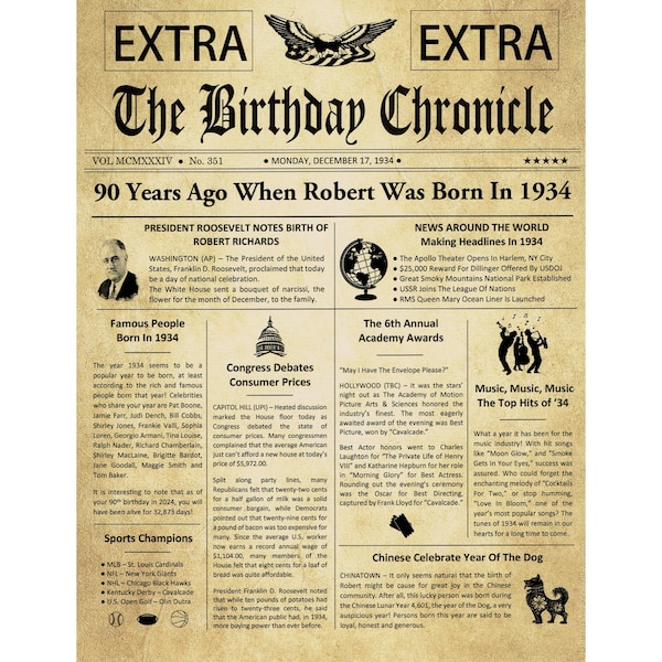 90th Birthday Gifts, Personalized, Headline News Print, Time Capsule, Newsletter Style, 1934 Birthday Gift, Chronicle, 90th Milestone Gift