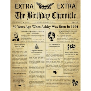 30th Birthday Gifts, Personalized, Headline News Print, Time Capsule, Newsletter Style, 1994 Birthday Gift, Chronicle, 30th Milestone Gifts