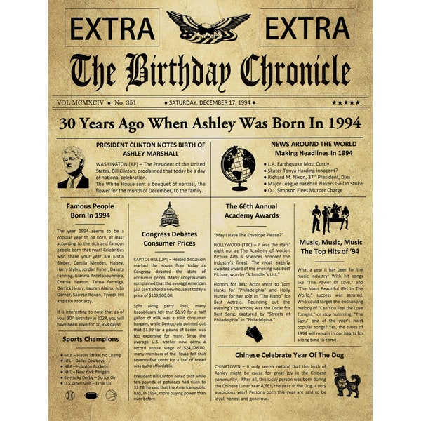 30th Birthday Gifts, Personalized, Headline News Print, Time Capsule, Newsletter Style, 1994 Birthday Gift, Chronicle, 30th Milestone Gifts