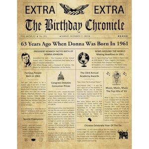 63rd Birthday Gifts, Personalized Gifts, Headline News Print, Time Capsule, Newspaper, 1962 Birthday Gift, Chronicle, 63rd Birthday Gift