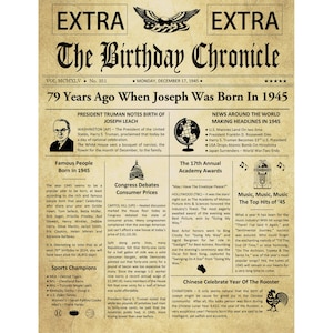 79th Birthday Gifts, Personalized, Headline News Print, Time Capsule, Newspaper Style, 1946 Birthday Gift, Chronicle, 79th Birthday Display