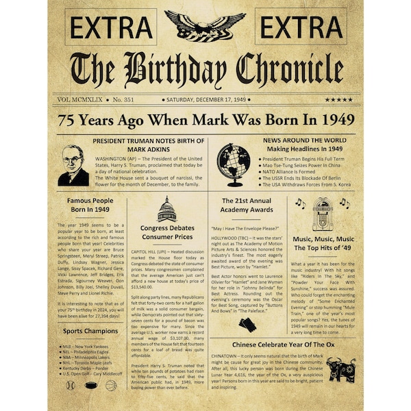 75th Birthday Gifts, Personalized, Headline News Print, Time Capsule, Newsletter Style, 1949 Birthday Gift, Chronicle, Born in 1949, Party