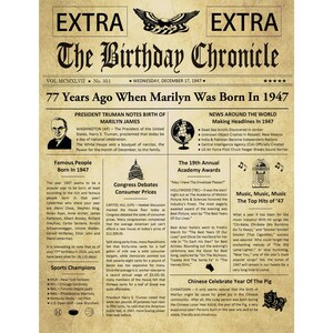 77th Birthday Gifts, Personalized, Headline News Print, Time Capsule, Newspaper Style, 1948 Birthday Gift, Chronicle, 77th Birthday Display